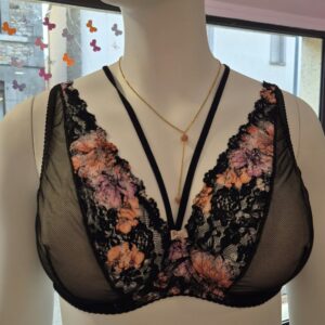 Bralette GT Cornaline foulard emboîtant en dentelle orange et rose sur résille noire