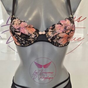 Soutien-gorge push-up Cornaline en dentelle orange et rose sur résille noire